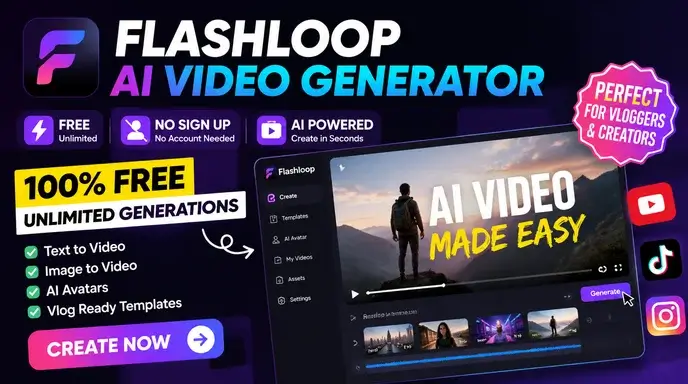 Bezpłatna, nieograniczona aplikacja do generowania wideo Flashloop AI bez rejestracji