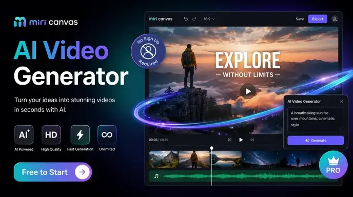 Bezpłatny, nieograniczony generator wideo Miricanvas AI Pro bez rejestracji