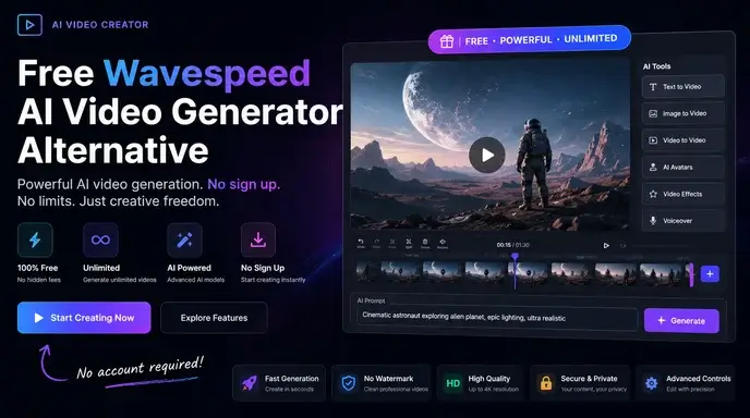 Darmowa alternatywa dla generatora wideo Wavespeed AI Brak rejestracji