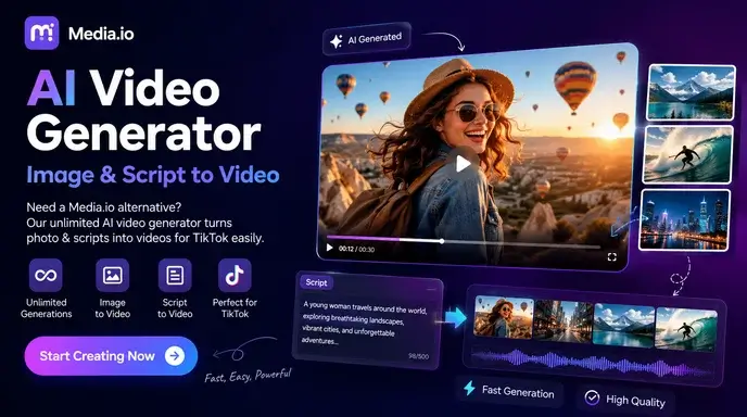 Bezpłatny generator wideo AI Media.io: obraz i skrypt na wideo